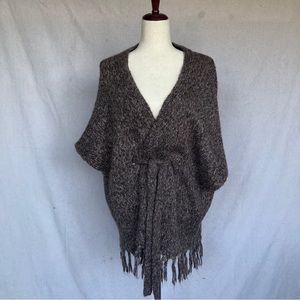 Ava brown boho poncho sweater tie closure with fringe detail on the hem size M